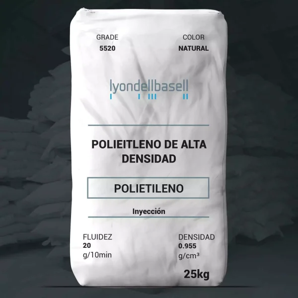 Nombre del producto: PE - HDPE - MFI20 - LYONDELLBASELL - H5520 Marca: LyondellBasell Categoría: Polietileno Color: Natural Grado: 5520 Capacidad: 25 kg Características físicas: - Fluidez: 20 g/10 min - Densidad: 0.955 g/cm³ Método de procesamiento: - Inyección Aplicaciones: - Fabricación de productos de plástico, incluyendo tapas, envases y artículos de uso doméstico. Estado comercial: - Activo Nota: El producto se utiliza para aplicaciones que requieren polietileno de alta densidad, presentando buenas características de procesamiento y estabilidad de las partes moldeadas.