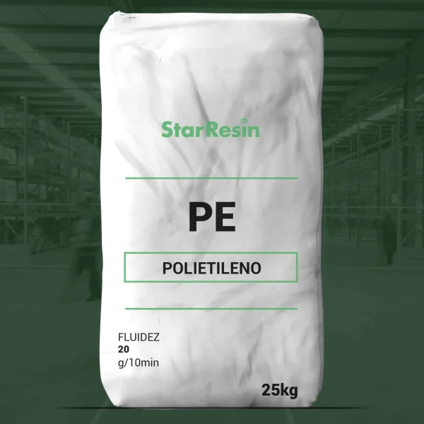 Nombre del producto: StarResin PE - Polietileno Categoría: Polietileno Atributos del producto: - Material: Polietileno (PE) - Color: Blanco - Tamaño/Capacidad: 25 kg - Fluidez: 20 g/10 min Detalles técnicos: - Marca: StarResin - Texto visible: PE, POLIETILENO, FLUIDEZ, 20 g/10min, 25 kg Funcionalidad: - Utilizado en aplicaciones que requieren polietileno con características específicas de fluidez. - Puede incluir usos en la industria de plásticos y fabricación. Diferenciadores: - Fluidez especificada, relevante para procesos de moldes y extrusión.