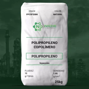 Nombre del producto: PP - COPP - MFI12 - NICHE POLYMER - PPC 20% FIBRA DE VIDRIO PPCGF20BK Marca: Niche Polymer, LLC Categoría: Polipropileno Color: Natural Tamaño del paquete: 25 kg Especificaciones técnicas: - Grado: PPCGF20BK - Fluidez: 12 g/10 min - Densidad: 1.05 g/cm³ Características del producto: - Material: Polipropileno copolímero, 20% fibra de vidrio - Aplicación: Inyección - Estado del material: Comercial Activo Notas adicionales: - Disponible en América del Norte - Información de contacto del proveedor: - Niche Polymer, LLC, Columbia, USA, Teléfono: 410-674-5600, Web: http://www.nichepolymer.com/ Este producto es adecuado para aplicaciones que requieren materiales resistentes y de bajo peso, ideal para procesos de inyección en la fabricación de componentes plásticos.