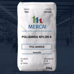 Nombre del producto: PA66 EPR27FS Marca: MERCAI Categoría: Poliamida Color: Natural Peso: 25 kg Fluidez: 10 g/10 min Densidad: 1.14 g/cm³ Propiedades mecánicas: - Resistencia a la tracción (Tensile strength at yield): 75 MPa - Resistencia a la tracción: 1150 MPa - Alargamiento al romper (Elongation at break): 30% - Módulo de flexión (Flexural Modulus): 2500 MPa - Impacto Charpy con muesca (Charpy Notched impact): 2.5 KJ/m² Propiedades físicas: - Punto de fusión (Melting point): 260 °C - Temperatura de deflexión térmica (Heat deflection temperature): 65 °C - Viscosidad relativa (Relative viscosity): 2.7 Calificación de inflamabilidad: UL94/0.8mm V-2 Uso: Ideal para moldeado por inyección debido a sus propiedades de alta resistencia, rigidez y buena lubricidad en la superficie. Resistente a productos químicos, aceites de máquinas y gasolina.