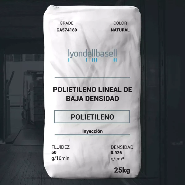 Nombre del producto: Petrothene GA574189 Categoría: Polietileno Marca: LyondellBasell Color: Natural Tamaño del paquete: 25 kg Características técnicas: - **Fluidez/Melt Flow Rate (190 °C/2.16 kg)**: 50 g/10 min - **Densidad (23 °C)**: 0.926 g/cm³ Descripción del producto: Polietileno lineal de baja densidad (LLDPE) utilizado principalmente para moldes por inyección. Ideal para aplicaciones en tapas, envases, artículos de uso doméstico y herramientas. Indicaciones de uso: Procesamiento mediante moldeado por inyección. Notas adicionales: El producto se comercializa en América del Norte y está activo en el mercado.