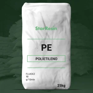 Nombre del producto: PP - HoPP- MFI12- MGI Categoría: Polietileno Atributos del producto: - Material: Polietileno (PE) - Marca: StarResin - Capacidad: 25 kg - Fluidez: 12 g/10min Detalles: - Color: Blanco - Forma: Saco - Tamaño: 25 kg Diferenciadores técnicos: - Fluidez especificada (12 g/10min) Funciones e interpretación del uso: - Este producto se utiliza en la industria del polietileno para diversas aplicaciones, incluyendo la fabricación de plásticos y productos derivados. Texto visible: - "StarResin" - "PE" - "POLIETILENO" - "FLUIDEZ 12 g/10min" - "25kg"