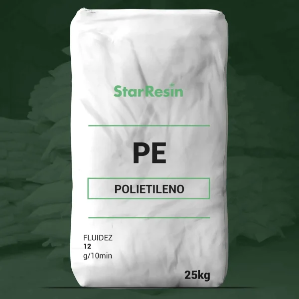 Nombre del producto: PP - HoPP- MFI12- MGI Categoría: Polietileno Atributos del producto: - Material: Polietileno (PE) - Marca: StarResin - Capacidad: 25 kg - Fluidez: 12 g/10min Detalles: - Color: Blanco - Forma: Saco - Tamaño: 25 kg Diferenciadores técnicos: - Fluidez especificada (12 g/10min) Funciones e interpretación del uso: - Este producto se utiliza en la industria del polietileno para diversas aplicaciones, incluyendo la fabricación de plásticos y productos derivados. Texto visible: - "StarResin" - "PE" - "POLIETILENO" - "FLUIDEZ 12 g/10min" - "25kg"