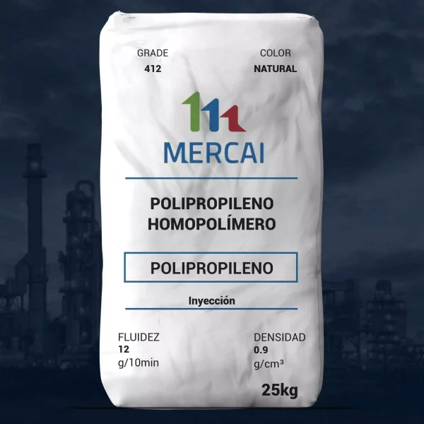 Nombre del producto: PP - HOPP - MFI12 - MERCAI - 412 Categoría: Polipropileno Características del producto: - Material: Polipropileno homopolímero - Color: Natural - Presentación: Pellets - Embalaje: Saco de 25 kg Propiedades: - Fluidez (ASTM D1238): 12 g/10 min - Densidad (ASTM D792A): 0.9 g/cm³ - Módulo de Flexión (ASTM D790A): 1,654 MPa - Resistencia a la tensión (ASTM D638): 34.5 MPa - Alargamiento en el punto de cedencia (ASTM D638): 9% - Resistencia al impacto Izod (ASTM D638): 32 J/m - Temperatura de deflexión (ASTM D792A): 105 °C Aplicaciones: Usos generales de inyección; diseñado para aplicaciones de moldeo de recipientes, utensilios, etc. Proceso: Moldeo por inyección Marca: MERCAI