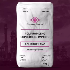 Nombre del producto: PP - IMPACTO - MFI1.5 - FORMOSA - 6502A Categoría: Polipropileno Marca: Formosa Plastics Color: Natural Tamaño del envase: 25 kg Características físicas y técnicas: - Fluidez: 1.50 g/10min - Densidad: 0.9 g/cm³ Uso y funcionalidad: - Polipropileno copolímero de impacto, adecuado para extrusión y soplado. - Aplicaciones: Botellas moldeadas por soplado, láminas de gran espesor para envases termoformados, y extrusiones de perfiles, incluyendo cartón corrugado. Aprobaciones: - Cumple con la especificación automotriz FCA MS-DB-500 CPN 4809. - Aprobado por la FDA para contacto alimentario según 21 CFR 177.1520. - Libre de contenido de origen animal. Diferenciadores técnicos: - Alta resistencia al impacto y excelente equilibrio entre tenacidad y rigidez. - Propiedades típicas según métodos ASTM. Notas adicionales: Los datos son representativos y no deben considerarse como especificaciones del producto.