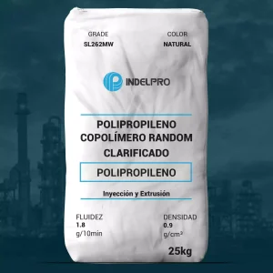 Nombre del producto: SL262MW Categoría: Polipropileno Marca: Indelpro Color: Natural Peso: 25 kg **Características del producto:** - Tipo: Copolímero random clarificado - Fluidez (Melt Flow Rate): 1.8 g/10 min - Densidad: 0.9 g/cm³ - Aplicaciones: Inyección y Extrusión **Diferenciadores técnicos:** - Alta claridad y brillo - Bajo olor y transferencia de sabor - Buenas propiedades de rigidez y resistencia al impacto - Amplio rango de procesamiento, que reduce la temperatura y el tiempo de ciclo, contribuyendo al ahorro energético **Uso y funcionalidad:** - Ideal para envases termoformados y tapas - Apto para aplicaciones en contacto con alimentos, cumpliendo las normativas de la FDA **Instrucciones de manejo:** - Requiere precauciones de seguridad durante el procesamiento - Almacenar en condiciones adecuadas para evitar degradación del material