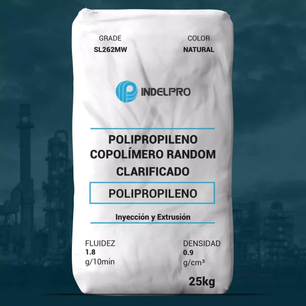 Nombre del producto: SL262MW Categoría: Polipropileno Marca: Indelpro Color: Natural Peso: 25 kg **Características del producto:** - Tipo: Copolímero random clarificado - Fluidez (Melt Flow Rate): 1.8 g/10 min - Densidad: 0.9 g/cm³ - Aplicaciones: Inyección y Extrusión **Diferenciadores técnicos:** - Alta claridad y brillo - Bajo olor y transferencia de sabor - Buenas propiedades de rigidez y resistencia al impacto - Amplio rango de procesamiento, que reduce la temperatura y el tiempo de ciclo, contribuyendo al ahorro energético **Uso y funcionalidad:** - Ideal para envases termoformados y tapas - Apto para aplicaciones en contacto con alimentos, cumpliendo las normativas de la FDA **Instrucciones de manejo:** - Requiere precauciones de seguridad durante el procesamiento - Almacenar en condiciones adecuadas para evitar degradación del material