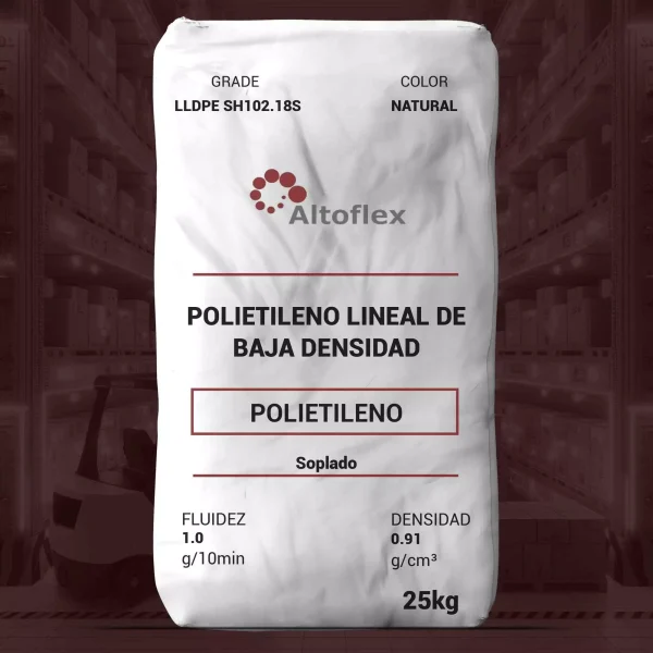 Nombre del producto: PE - LLDPE - MFI1 - ALTOFLEX - LSH102.18S Marca: Altoflex Categoría: Polietileno Tipo de polietileno: Lineal de baja densidad (LLDPE) Color: Natural Peso del producto: 25 kg Fluidez: 1.0 g/10 min Densidad: 0.91 g/cm³ Aplicaciones: - Sacos de uso general - Envolturas agrícolas Propiedades técnicas: - Grado: LLDPE SH102.18S - Procesamiento: Soplado Características importantes: - Resistencia a la tensión en el punto de rotura (MD): 170 MPa - Resistencia a la tensión en el punto de rotura (TD): 180 MPa - Alargamiento a la rotura (MD): 550% - Alargamiento a la rotura (TD): 650% - Resistencia al impacto Dart: 220 g Métodos de prueba utilizados: - ASTM D882: Tensión y alargamiento - ASTM D1709A: Resistencia al impacto Dart - ASTM D792: Densidad Nota: La información es precisa a la fecha de publicación y su aplicabilidad debe determinarse por el usuario.