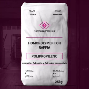 Nombre del producto: Homopolímero para Raffia, Formolene® 1102KR Categoría: Polipropileno Marca: Formosa Plastics Características del producto: - Fluidez: 4 g/10 min - Densidad: 0.9 g/cm3 - Tamaño del paquete: 25 kg - Color: Natural Aplicaciones: - Inyección, Extrusión y Extrusión con soplado Diferenciadores técnicos: - Cumple con los requisitos de la FDA para el contacto directo con alimentos - Libre de contenido derivado de animales Propiedades típicas: - Resistencia a la tracción (Yield): 5200 psi (36 MPa) - Alargamiento (Yield): 9 % - Módulo de flexión (1% Secante): 220,000 psi (1517 MPa) - Dureza Rockwell: 105 R Scale - Resistencia al impacto Izod notched @ 73°F: 0.7 ft-lb/in (37 J/m) Métodos de prueba: - ASTM D1238 (Fluidez) - ASTM D1505 (Densidad) - ASTM D638 (Resistencia a la tracción y alargamiento) - ASTM D790 (Módulo de flexión) - ASTM D785 (Dureza Rockwell) - ASTM D256A (Resistencia al impacto) Note: Los datos son representativos y no deben interpretarse como especificaciones del producto.