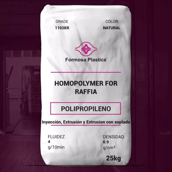 Nombre del producto: Homopolímero para Raffia, Formolene® 1102KR Categoría: Polipropileno Marca: Formosa Plastics Características del producto: - Fluidez: 4 g/10 min - Densidad: 0.9 g/cm3 - Tamaño del paquete: 25 kg - Color: Natural Aplicaciones: - Inyección, Extrusión y Extrusión con soplado Diferenciadores técnicos: - Cumple con los requisitos de la FDA para el contacto directo con alimentos - Libre de contenido derivado de animales Propiedades típicas: - Resistencia a la tracción (Yield): 5200 psi (36 MPa) - Alargamiento (Yield): 9 % - Módulo de flexión (1% Secante): 220,000 psi (1517 MPa) - Dureza Rockwell: 105 R Scale - Resistencia al impacto Izod notched @ 73°F: 0.7 ft-lb/in (37 J/m) Métodos de prueba: - ASTM D1238 (Fluidez) - ASTM D1505 (Densidad) - ASTM D638 (Resistencia a la tracción y alargamiento) - ASTM D790 (Módulo de flexión) - ASTM D785 (Dureza Rockwell) - ASTM D256A (Resistencia al impacto) Note: Los datos son representativos y no deben interpretarse como especificaciones del producto.