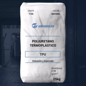Nombre del producto: TPU - WANHUA - WANTHANE WHT-1190 Categoría: Elastómeros de poliuretano termoplástico Marca: Wanhua Características del producto: - Material: Poliuretano Termoplástico (TPU) - Color: Natural - Tamaño del paquete: 25 kg - Densidad: 1.19 g/cm³ Usos y funcionalidad: - Aplicaciones en extrusión e inyección - Usos típicos: Cables, tubos de aceite a alta presión, cintas transportadoras, calzado, sellos, screenpacks, etc. Proporcionar datos técnicos relevantes: - Propiedades mecánicas excelentes - Alta resistencia a la abrasión y desgaste - Cortos tiempos de ciclo Condiciones de almacenamiento: - Almacenar en un ambiente fresco y seco - Inspeccionar envases por daños durante el transporte Instrucciones de secado: - Secar a 100-110 °C por 2-3 horas antes del procesamiento Recomendaciones de procesamiento: - Relación L/D entre 25 y 30 - Compresión entre 1:2 y 1:3 - Velocidad de extrusora baja para evitar degradación No hay reacciones peligrosas observadas. Se recomienda usar protección facial y ropa adecuada durante el manejo.