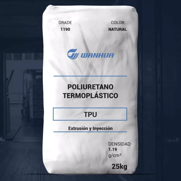 Nombre del producto: TPU - WANHUA - WANTHANE WHT-1190 Categoría: Elastómeros de poliuretano termoplástico Marca: Wanhua Características del producto: - Material: Poliuretano Termoplástico (TPU) - Color: Natural - Tamaño del paquete: 25 kg - Densidad: 1.19 g/cm³ Usos y funcionalidad: - Aplicaciones en extrusión e inyección - Usos típicos: Cables, tubos de aceite a alta presión, cintas transportadoras, calzado, sellos, screenpacks, etc. Proporcionar datos técnicos relevantes: - Propiedades mecánicas excelentes - Alta resistencia a la abrasión y desgaste - Cortos tiempos de ciclo Condiciones de almacenamiento: - Almacenar en un ambiente fresco y seco - Inspeccionar envases por daños durante el transporte Instrucciones de secado: - Secar a 100-110 °C por 2-3 horas antes del procesamiento Recomendaciones de procesamiento: - Relación L/D entre 25 y 30 - Compresión entre 1:2 y 1:3 - Velocidad de extrusora baja para evitar degradación No hay reacciones peligrosas observadas. Se recomienda usar protección facial y ropa adecuada durante el manejo.