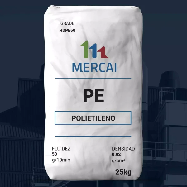 Nombre del producto: PE - HDPE - MFI50 - MERCAI - F50 Categoría: Polietileno Marca: MERCAI Material: Polietileno (PE) Tipo: HDPE (Polietileno de alta densidad) Fluidez: 50 g/10 min Densidad: 0.92 g/cm³ Peso: 25 kg Características: - Producto en forma de bolsa - Etiqueta con información técnica visible - Gráficos en la parte superior con colores verde y rojo Uso y funcionalidad: - Destinado a aplicaciones que requieren polietileno de alta densidad y específica fluidez según las necesidades del proceso. Diferenciadores técnicos: - Claramente etiquetado con grado de fluidez y densidad, lo que facilita su selección para diferentes aplicaciones industriales.
