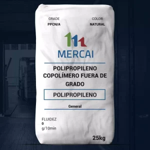 Nombre del producto: Polipropileno Copolímero Fuera de Grado Marca: MERCAI Categoría: Polipropileno Color: Natural Tamaño: 25 kg Fluidez: 0 g/10 min Descripción: Polipropileno en forma de grano, destinado a aplicaciones generales. Diferenciadores: Copolímero de polipropileno. Características adicionales: - Grado: PPCN/A - Indicaciones de uso general.
