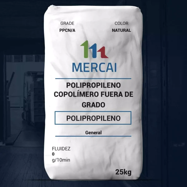 Nombre del producto: Polipropileno Copolímero Fuera de Grado Marca: MERCAI Categoría: Polipropileno Color: Natural Tamaño: 25 kg Fluidez: 0 g/10 min Descripción: Polipropileno en forma de grano, destinado a aplicaciones generales. Diferenciadores: Copolímero de polipropileno. Características adicionales: - Grado: PPCN/A - Indicaciones de uso general.