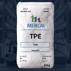 Nombre del producto: TPE - MERCAI - 8003098-40A Categoría: Elastómero Termoplástico Marca: MERCAI Color: Negro Tamaño: 25 kg Propiedades nominales: - Fluidez (Melt flow index): 40 g/10min - Densidad: 0.98 g/cm³ - Uso recomendado: Inyección Instrucciones de uso: - Temperatura de fusión sugerida: 170 - 180 °C - El material muestra facilidad en el procesamiento y buena adhesión al polipropileno para el proceso de sobreinyección. Texto visible: - "GRADE 8003098-40A" - "COLOR NEGRO" - "FLUIDEZ 40 g/10min" - "DENSIDAD 0.98 g/cm³" - "Inyección" - "25kg" Diferenciadores: - Material de TPE para moldeo por inyección general. - Buena adhesión para procesos de sobreinyección. Descargo de responsabilidad: PromaPlast no ofrece garantía de precisión de los datos proporcionados.