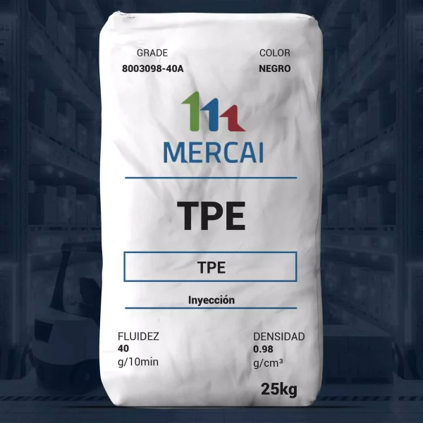 Nombre del producto: TPE - MERCAI - 8003098-40A Categoría: Elastómero Termoplástico Marca: MERCAI Color: Negro Tamaño: 25 kg Propiedades nominales: - Fluidez (Melt flow index): 40 g/10min - Densidad: 0.98 g/cm³ - Uso recomendado: Inyección Instrucciones de uso: - Temperatura de fusión sugerida: 170 - 180 °C - El material muestra facilidad en el procesamiento y buena adhesión al polipropileno para el proceso de sobreinyección. Texto visible: - "GRADE 8003098-40A" - "COLOR NEGRO" - "FLUIDEZ 40 g/10min" - "DENSIDAD 0.98 g/cm³" - "Inyección" - "25kg" Diferenciadores: - Material de TPE para moldeo por inyección general. - Buena adhesión para procesos de sobreinyección. Descargo de responsabilidad: PromaPlast no ofrece garantía de precisión de los datos proporcionados.