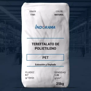 Nombre del producto: PET - MFI0.9 - INDORAMA - POLYCLEAR 1101 Categoría: Tereftalato de Polietileno Marca: INDORAMA Color: Natural Peso: 25 kg Atributos del producto: - Fluidez: 0.7 g/10min - Densidad: 1.39 g/cm³ Uso y funcionalidad: - Utilizado para extrusión y soplado en aplicaciones de envasado. - Adecuado para productos como bebidas, alimentos y farmacéuticos. Diferenciadores técnicos: - Cumple con regulaciones FDA para aplicaciones alimentarias. - Material es ligero, irrompible, no tóxico y reciclable. Texto visible en la imagen: - "TEREFTALATO DE POLIETILENO" - "PET" - "FLUIDEZ 0.7 g/10min" - "DENSIDAD 1.39 g/cm³" - "25kg" - "Extrusión y Soplado" - "COLOR NATURAL" - "GRADE 1101"
