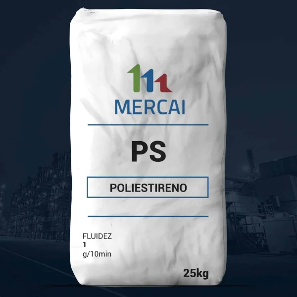 Nombre del producto: PS (Poliestireno) Categoría: Poliestireno Marca: MERCAI Material: Poliestireno Color: Blanco (asumido del paquete) Tamaño: 25 kg Fluidez: 1 g/10min Detalles del diseño: - El producto se presenta en un saco, con una etiqueta visible que contiene información relevante. - La etiqueta incluye el nombre del producto, categoría, marca y características técnicas. Funcionalidad: - Utilizado en aplicaciones que requieren poliestireno, adecuado para la manufactura y procesamiento en diversas industrias. Elementos técnicos: - La fluidez puede ser un indicativo de la facilidad de manejo en procesos industriales. No se identificaron componentes adicionales visibles en la imagen.