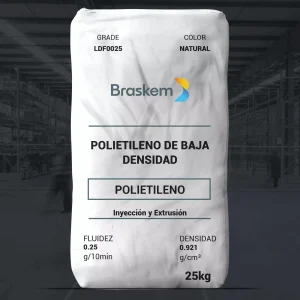 Nombre del producto: PE - LDPE - MFI0.25 - BRASKEM - LDF0025 Categoría: Polietileno Marca: Braskem Color: Natural Peso: 25 kg Características: - Fluidez: 0.25 g/10 min - Densidad: 0.921 g/cm³ Usos recomendados: - Inyección - Extrusión Descripción: Polietileno de baja densidad, alta resistencia mecánica, versátil y fácil de procesar, apto para diversas aplicaciones. No contiene aditivos de bloqueo ni de deslizamiento.
