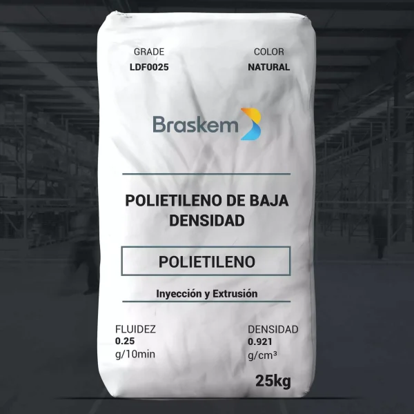 Nombre del producto: PE - LDPE - MFI0.25 - BRASKEM - LDF0025 Categoría: Polietileno Marca: Braskem Color: Natural Peso: 25 kg Características: - Fluidez: 0.25 g/10 min - Densidad: 0.921 g/cm³ Usos recomendados: - Inyección - Extrusión Descripción: Polietileno de baja densidad, alta resistencia mecánica, versátil y fácil de procesar, apto para diversas aplicaciones. No contiene aditivos de bloqueo ni de deslizamiento.
