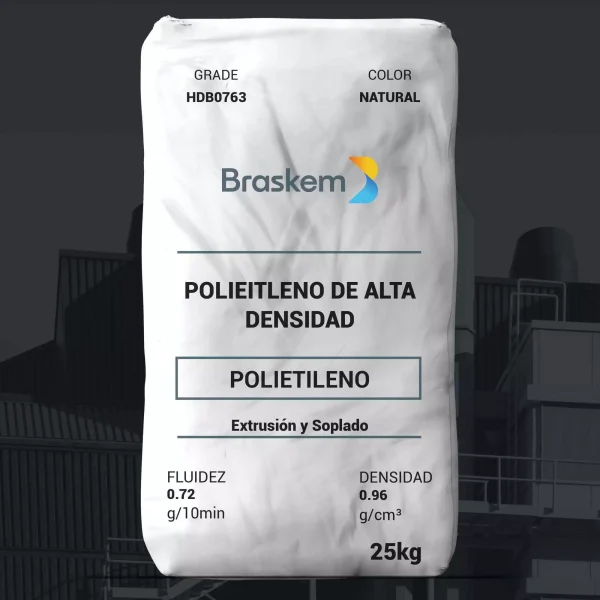 Nombre del producto: PE - HDPE - MFI0.72 - BRASKEM - HDB0763 Categoría: Polietileno Marca: Braskem Color: Natural Peso: 25 kg Características técnicas: - Fluidez: 0.72 g/10 min - Densidad: 0.96 g/cm³ Uso y Funcionamiento: - Aplicaciones: Envasado de leche, botellas de agua, envasado de jugo, envasado de alimentos líquidos. - Procesos: Moldeo por extrusión y soplado. Propiedades mecánicas: - Resistencia a la tracción (corte): - Estrés a la ruptura: 20 MPa - Estrés a la fluencia: 30 MPa - Deformación a la fluencia: 6% - Deformación a la ruptura: 510% - Módulo de elasticidad (1% secante): 1475 MPa - Módulo de flexión (1% secante): 1480 MPa - Resistencia al impacto Izod: 100 J/m - Temperatura de deflexión térmica (0.455 MPa): 75 °C - Punto de ablandamiento Vicat (10 N): 130 °C Notas Adicionales: - Leer la Hoja de Datos de Seguridad antes de usar. - La información proporcionada refleja valores típicos y no debe considerarse absoluta. - No se recomienda el uso del producto para el contacto con soluciones parenterales ni dentro del cuerpo humano.