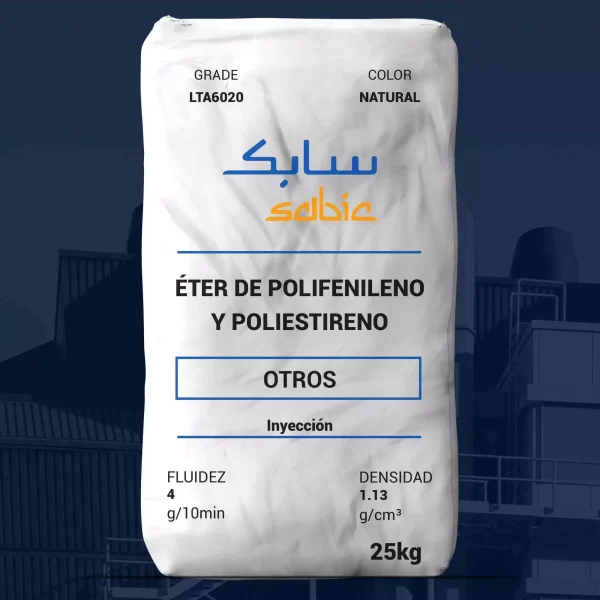 Nombre del producto: OTR - MFI4 - SABIC - PPE+PS LTA6020 Marca: SABIC Categoría: Otros Color: Natural Tamaño: 25 kg Material: Éter de polifenileno (PPE) + Poliestireno (PS) Características: - Fluidez: 4 g/10 min - Densidad: 1.13 g/cm³ - Tipo de procesamiento: Inyección Funcionalidad: Material indicado para aplicaciones en cajas de conexión solar / fotovoltaica y recintos eléctricos al aire libre. Diferenciadores técnicos: - Compuesto no reforzado - No contiene retardantes de llama bromados ni clorados - Excelente estabilidad dimensional en un amplio rango de temperaturas - Baja absorción de humedad - Retención de propiedades mecánicas a largo plazo Instrucciones: Se recomienda seguir las directrices de procesamiento para asegurar un rendimiento óptimo.