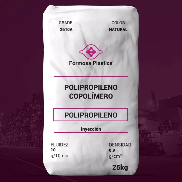Nombre del producto: Formolene 2610A Categoria: Polipropileno Marca: Formosa Plastics Color: Natural Presentación: Bolsa de 25 kg Atributos del producto: - Tipo: Copolímero de polipropileno - Fluidez: 10 g/10 min - Densidad: 0.9 g/cm³ - Uso: Inyección - Aplicaciones: Diseñado para aplicaciones automotrices, productos de jardín y electrodomésticos. Diferenciadores técnicos: - Flown fácil de moldear - Balance de propiedades físicas excelente: rigidez e impacto a temperatura ambiente y bajo condiciones subambientales - Estabilidad dimensional del producto terminado - Cumple con requisitos de la FDA para contacto directo con alimentos (21 CFR 177.1520) - Libre de contenido de origen animal Indicaciones: - Ideal para moldes e inyección - Consultar condiciones de uso aprobadas para aplicaciones en contacto con alimentos en el sitio web del fabricante.