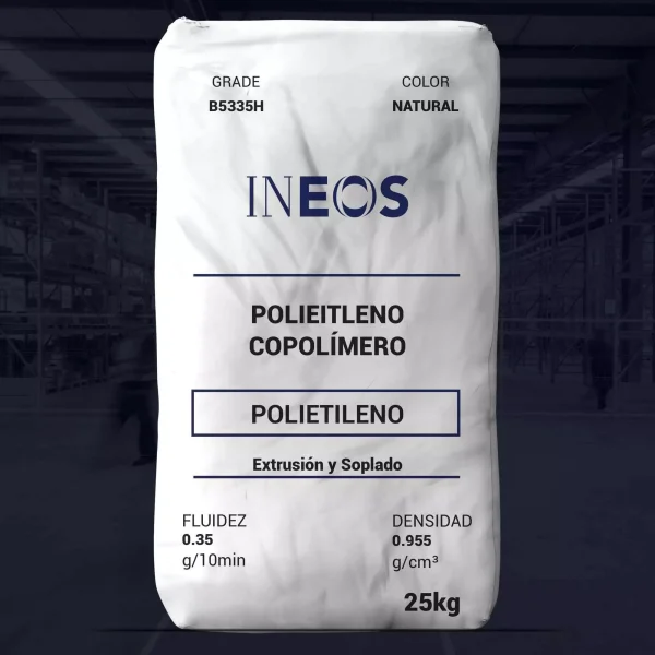 Nombre del producto: PE - HDPE - MFI0.35 - INEOS - B5335H Categoría: Polietileno Marca: INEOS Características físicas y técnicas: - Tipo: Polietileno Copolímero - Color: Natural - Densidad: 0.955 g/cm³ - Fluidez: 0.35 g/10 min - Presentación: Bolsa de 25 kg Funciones y aplicaciones: - Recomendado para aplicaciones de extrusión y soplado - Alta resistencia a la carga y buena resistencia al agrietamiento por estrés ambiental (ESCR) - Cumple con los requisitos de la FDA (21CFR 177.1520) Información adicional: - Incluye advertencias sobre el manejo y uso seguros - Puede requerir registros y notificaciones globales para su uso en contacto con alimentos o dispositivos médicos - Información de seguridad disponible en la Hoja de Datos de Seguridad de Materiales (MSDS) Diferenciadores técnicos: - Aplicaciones en moldes por soplado Nota: Los valores de propiedades pueden variar y no deben ser utilizados para fines de especificación.