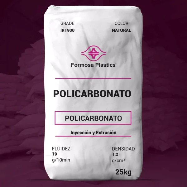 Nombre del producto: PC - MFI19 - FORMOSA - TARFLON IR1900 Categoría: Policarbonato Marca: Formosa Plastics Color: Natural Peso: 25 kg **Propiedades Técnicas:** - Fluidez: 19 g/10min - Densidad: 1.2 g/cm³ **Uso:** - Aplicaciones en inyección y extrusión. - Material apto para normativa NSF/ANSI estándar 51, apto para equipos de alimentos. **Diferenciadores:** - Policarbonato con buena propiedad de desmoldeo. - Material adecuado para condiciones de alta temperatura (RTI eléctrico: 130 °C). **Condiciones de Molienda:** - Presecado: 120 °C, 5-8 horas. - Temperatura del cilindro: 260-300 °C (Máx. 320 °C). - Temperatura del molde: 80-120 °C. Esta información técnica es proporcionada con fines informativos y no garantiza valores específicos.