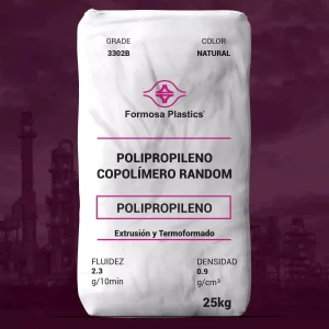 Nombre del producto: PP - COPP - MFI2.3 - FORMOSA - 3302B Categoría: Polipropileno Atributos del producto: - Material: Polipropileno - Color: Natural - Tamaño: 25 kg - Fluidez: 2.3 g/10min - Densidad: 0.9 g/cm³ - Marca: Formosa Plastics - Tipo: Copolímero Random - Usos: Extrusión y Termoformado Detalles técnicos y diferenciales: - Presentación: Bolsa - Información sobre la clasificación y propiedades en el embalaje visible.