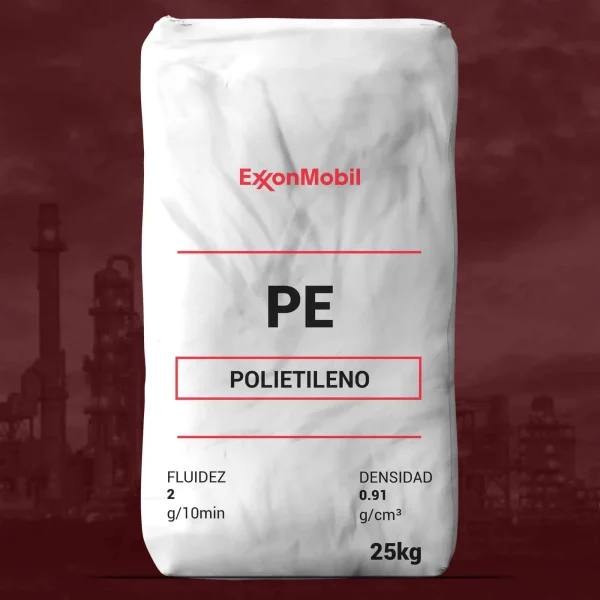 Nombre del producto: PE- LLDPE MFI 2 - SIN ADITIVOS - SHELL - 18F2B Categoría: Polietileno Atributos del producto: - Marca: ExxonMobil - Material: Polietileno (PE) - Tipo: LLDPE (Polietileno de baja densidad lineal) - Fluidez: 2 g/10min - Densidad: 0.91 g/cm³ - Peso: 25 kg Diferenciadores y elementos técnicos: - Sin aditivos - Presentación en bolsa Información de uso y funcionalidad: El polietileno (PE) se utiliza en diversas aplicaciones, incluyendo envases, moldes, y productos de plástico. Texto visible: - "PE" - "POLIETILENO" - "FLUIDEZ 2 g/10min" - "DENSIDAD 0.91 g/cm³" - "25kg"