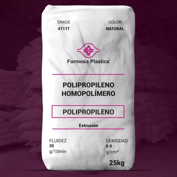 Nombre del producto: PP - HOPP - MFI35 - FORMOSA - 4111T Categoría: Polipropileno Atributos del producto: - Material: Polipropileno homopolímero - Color: Natural - Tamaño del envase: 25 kg - Fluidez: 35 g/10 min - Densidad: 0.9 g/cm³ - Uso: Extrusión y aplicaciones no tejidas Diferenciadores técnicos: - Cumple con las regulaciones de la FDA para contacto directo con alimentos (21 CFR 177.1520). - Libre de contenido de origen animal. Información adicional: - Proporciona excelente resistencia a la decoloración y buena procesabilidad. - Adicionalmente, el producto puede ser utilizado para la producción de artículos destinados al contacto con alimentos, sujetos a las condiciones aprobadas de uso.