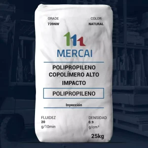 Nombre del producto: PP - IMPACTO - MFI20 - MERCAI - SL739NW Categoría: Polipropileno Marca: MERCAI Color: Natural Tamaño: 25 kg **Características físicas y técnicas:** - Material: Polipropileno copolímero de alto impacto - Fluidez: 20 g/10 min - Densidad: 0.9 g/cm³ - Número de grado: 739NW **Aplicaciones típicas:** - Artículos de uso doméstico - Electrodomésticos - Juguetes **Aspectos funcionales:** - Buen equilibrio entre rigidez e impacto - Propiedades antistáticas - Adecuado para inyección **Requisitos de seguridad:** - Manipular con protección adecu adequate, como gafas y guantes - Almacenar alejado de fuentes de ignición y en condiciones adecuadas para evitar degradación Este producto es adecuado para una variedad de aplicaciones, destacando por su buena resistencia al impacto y propiedades antistáticas.