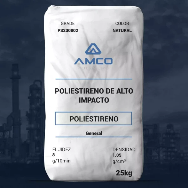 Nombre del producto: PS - MFI8 - AMCO - PRIMATOP PS230802 Categoría: Poliestireno Marca: Amco Polymers Descripción del producto: Poliestireno de alto impacto (HIPS) Características destacadas: - Alta resistencia al impacto - Buena procesabilidad Aplicaciones: - Electrodomésticos - Artículos de hogar - Juguetes - Uso general Estado del material: - Comercial: Activo - Disponibilidad: Norteamérica Compatibilidad Alimentaria: - Aceptable para contacto con alimentos Datos físicos: - Densidad: 1.05 g/cm³ - Fluidez: 8 g/10 min (200°C/5.0 kg) Propiedades mecánicas: - Módulo de tensión: 2280 MPa - Resistencia a la tensión (límite): 20.7 MPa - Alargamiento a la ruptura: 50% - Módulo de flexión: 2340 MPa Propiedades de impacto: - Impacto Izod notado (3.18 mm): 110 J/m Dureza: - Dureza Rockwell (escala R): 60 Propiedades térmicas: - Temperatura de deflexión bajo carga: 91.1 °C - Temperatura de ablandamiento Vicat: 96.1 °C Notas: - Los datos son típicos y no deben considerarse especificaciones. - La pigmentación puede afectar algunas propiedades. Peso del producto: 25 kg Color: Natural