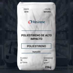 Nombre del producto: RESIRENE 2210 Categoría: Poliestireno (poliestireno de alto impacto) Marca: Resirene Color: Natural Tamaño: 25 kg Características: - Fluidez: 16 g/10 min - Densidad: 1.04 g/cm³ Aplicaciones: - Moldeo por inyección - Artículos de pared delgada - Moldes intrincados - Juguetes - Contenedores para productos lácteos Advertencias: - La combustión del material puede causar humos y gases peligrosos para la salud. - Evitar temperaturas excesivas para prevenir la degradación o el amarillamiento. Información adicional se basa en la hoja técnica y está sujeta a cambios.