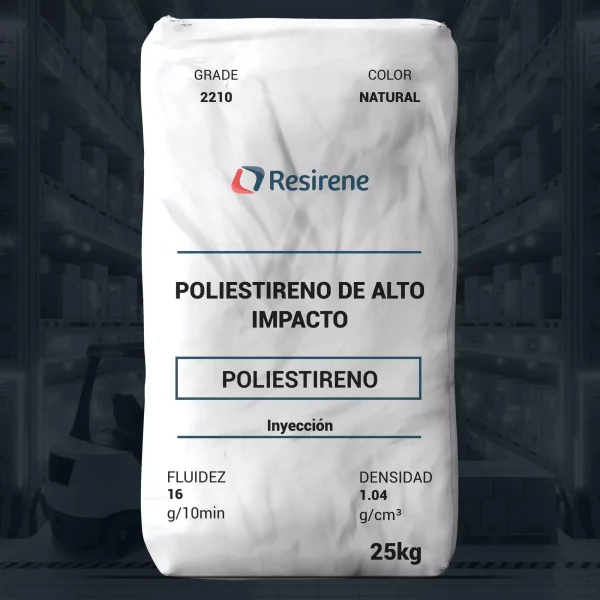 Nombre del producto: RESIRENE 2210 Categoría: Poliestireno (poliestireno de alto impacto) Marca: Resirene Color: Natural Tamaño: 25 kg Características: - Fluidez: 16 g/10 min - Densidad: 1.04 g/cm³ Aplicaciones: - Moldeo por inyección - Artículos de pared delgada - Moldes intrincados - Juguetes - Contenedores para productos lácteos Advertencias: - La combustión del material puede causar humos y gases peligrosos para la salud. - Evitar temperaturas excesivas para prevenir la degradación o el amarillamiento. Información adicional se basa en la hoja técnica y está sujeta a cambios.