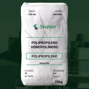 Nombre del producto: Polipropileno Homopolímero H35-IM Marca: Snetor Categoría: Polipropileno Atributos físicos: - Color: Natural - Tamaño del paquete: 25 kg Propiedades mecánicas: - Fluidez: 35 g/10 min - Densidad: 0.9 g/cm³ Componentes funcionales: - Aplicación: Inyección - Uso: Diseñado para moldes de artículos livianos y de paredes delgadas, como productos para el hogar y empaques rígidos. Normativa: - Cumple con los requisitos de la FDA de EE.UU. según 21 CFR 177.1520. Datos adicionales: - Instrucciones de uso: Consultar el manual en www.snetor.com - Información de contacto: Email: plastics@snetor.fr, Tel: +33 1 49 04 88 88 Nota: La información se presenta de buena fe; la responsabilidad del rendimiento del producto recae en el cliente.