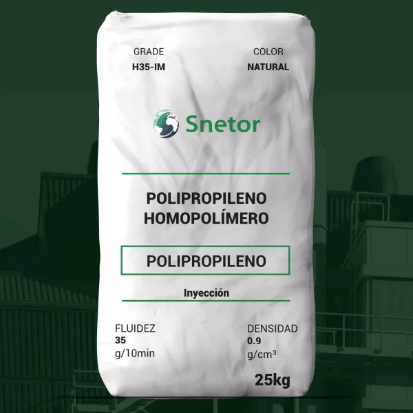 Nombre del producto: Polipropileno Homopolímero H35-IM Marca: Snetor Categoría: Polipropileno Atributos físicos: - Color: Natural - Tamaño del paquete: 25 kg Propiedades mecánicas: - Fluidez: 35 g/10 min - Densidad: 0.9 g/cm³ Componentes funcionales: - Aplicación: Inyección - Uso: Diseñado para moldes de artículos livianos y de paredes delgadas, como productos para el hogar y empaques rígidos. Normativa: - Cumple con los requisitos de la FDA de EE.UU. según 21 CFR 177.1520. Datos adicionales: - Instrucciones de uso: Consultar el manual en www.snetor.com - Información de contacto: Email: plastics@snetor.fr, Tel: +33 1 49 04 88 88 Nota: La información se presenta de buena fe; la responsabilidad del rendimiento del producto recae en el cliente.