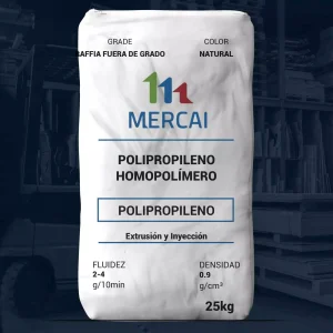 Nombre del producto: PP - HOPP - MFI2 - MERCAI - RAFFIA FUERA DE GRADO Categoría: Polipropileno **Atributos del producto:** - Material: Polipropileno homopolímero - Color: Natural - Tamaño: 25 kg - Densidad: 0.9 g/cm³ - Fluidez: 2-4 g/10min - Usos: Extrusión y inyección **Características destacadas:** - Marca: MERCAI - Grado: Raffia fuera de grado - Componentes técnicos: Especificaciones para aplicaciones industriales **Interpretación de uso y funcionalidad:** Producto diseñado para procesos de extrusión e inyección, utilizado en la fabricación de diversos productos de polipropileno.