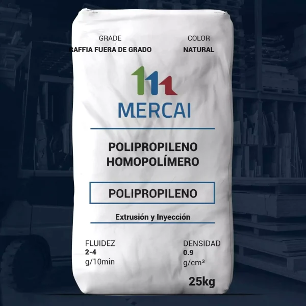 Nombre del producto: PP - HOPP - MFI2 - MERCAI - RAFFIA FUERA DE GRADO Categoría: Polipropileno **Atributos del producto:** - Material: Polipropileno homopolímero - Color: Natural - Tamaño: 25 kg - Densidad: 0.9 g/cm³ - Fluidez: 2-4 g/10min - Usos: Extrusión y inyección **Características destacadas:** - Marca: MERCAI - Grado: Raffia fuera de grado - Componentes técnicos: Especificaciones para aplicaciones industriales **Interpretación de uso y funcionalidad:** Producto diseñado para procesos de extrusión e inyección, utilizado en la fabricación de diversos productos de polipropileno.