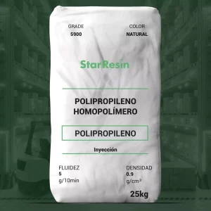 Nombre del producto: PP - HOPP - MFI5 - STAR RESIN - 5900 Categoría: Polipropileno Marca: StarResin Características y especificaciones: - Tipo de material: Polipropileno Homopólico - Color: Natural - Fluidez (Melt Index, 230°C/2.16 kg): 5 g/10 min - Densidad: 0.9 g/cm³ - Presentación: 25 kg - Aplicaciones: Inyección - Usos comunes: Raffia, Slit tape Descripción: PP 5900 es un polipropileno homopólico diseñado para aplicaciones de raffia, proporcionando excelente reducción de agua. Elementos técnicos: - Tenacidad (Tensile Strength at Yield): 4900 psi - Elongación (Tensile Elongation at Yield): 10% - Módulo de Flexión (Flexural Modulus): 200000 psi - Impacto Izod con muesca (Notched Izod Impact, 73 °F): 1.0 ft-lb/in - Dureza Rockwell (Rockwell Hardness, R Scale): 105 Información adicional: Este producto es responsabilidad del usuario en cuanto a su idoneidad para el equipo y productos finales.