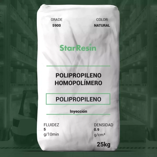 Nombre del producto: PP - HOPP - MFI5 - STAR RESIN - 5900 Categoría: Polipropileno Marca: StarResin Características y especificaciones: - Tipo de material: Polipropileno Homopólico - Color: Natural - Fluidez (Melt Index, 230°C/2.16 kg): 5 g/10 min - Densidad: 0.9 g/cm³ - Presentación: 25 kg - Aplicaciones: Inyección - Usos comunes: Raffia, Slit tape Descripción: PP 5900 es un polipropileno homopólico diseñado para aplicaciones de raffia, proporcionando excelente reducción de agua. Elementos técnicos: - Tenacidad (Tensile Strength at Yield): 4900 psi - Elongación (Tensile Elongation at Yield): 10% - Módulo de Flexión (Flexural Modulus): 200000 psi - Impacto Izod con muesca (Notched Izod Impact, 73 °F): 1.0 ft-lb/in - Dureza Rockwell (Rockwell Hardness, R Scale): 105 Información adicional: Este producto es responsabilidad del usuario en cuanto a su idoneidad para el equipo y productos finales.