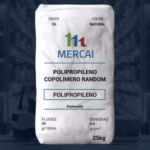 Nombre del producto: PP - HOPP - MFI35 - MERCAI - PP GCLENE PPRI35 Categoría: Polipropileno Marca: MERCAI Material: Polipropileno copolímero random Color: Natural Tamaño: 25 kg Fluidez: 35 g/10min Densidad: 0.9 g/cm³ Uso: Inyección Detalles técnicos: - Grado: 35 - Diseño del envase: Bolsa de plástico sellada Funcionalidad: Utilizado en procesos de inyección para la fabricación de productos plásticos.