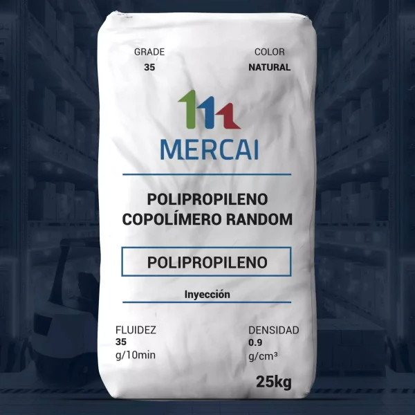 Nombre del producto: PP - HOPP - MFI35 - MERCAI - PP GCLENE PPRI35 Categoría: Polipropileno Marca: MERCAI Material: Polipropileno copolímero random Color: Natural Tamaño: 25 kg Fluidez: 35 g/10min Densidad: 0.9 g/cm³ Uso: Inyección Detalles técnicos: - Grado: 35 - Diseño del envase: Bolsa de plástico sellada Funcionalidad: Utilizado en procesos de inyección para la fabricación de productos plásticos.