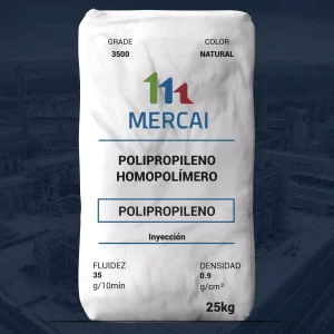 Nombre del producto: PP - HOPP - MFI35 - MERCAI - 350 Categoría: Polipropileno Marca: MERCAI Material: Polipropileno Homopolímero Color: Natural Fluidez: 35 g/10 min Densidad: 0.9 g/cm³ Capacidad: 25 kg Uso: Inyección Diferenciadores técnicos: - Polipropileno de alta calidad - Parámetros específicos para funcionalidades técnicas en procesos de inyección Observaciones visuales: - Empaque en bolsa, diseño simple y claro con etiquetado informativo. - Textos visibles que indican características técnicas y de uso del producto.