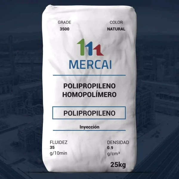 Nombre del producto: PP - HOPP - MFI35 - MERCAI - 350 Categoría: Polipropileno Marca: MERCAI Material: Polipropileno Homopolímero Color: Natural Fluidez: 35 g/10 min Densidad: 0.9 g/cm³ Capacidad: 25 kg Uso: Inyección Diferenciadores técnicos: - Polipropileno de alta calidad - Parámetros específicos para funcionalidades técnicas en procesos de inyección Observaciones visuales: - Empaque en bolsa, diseño simple y claro con etiquetado informativo. - Textos visibles que indican características técnicas y de uso del producto.