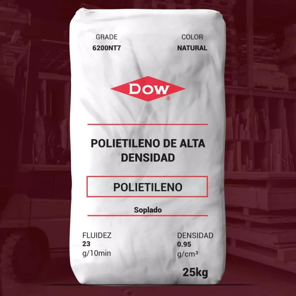 Nombre del producto: PP-DMDD 6200 NT 7-DOW Marca: DOW Categoría: Polietileno Color: Natural Características del producto: - Material: Polietileno de alta densidad (HDPE) - Fluidez: 23 g/10 min - Densidad: 0.95 g/cm³ - Tamaño del envase: 25 kg Uso y funcionalidad: - Diseñado para la producción de envases moldeados por soplado destinados a productos alimentarios, productos químicos industriales domésticos, productos de tocador y cosméticos, entre otros. Diferenciadores técnicos: - Excelente resistencia al agrietamiento por tensión - Alto rendimiento de impacto - Resistencia moderada a la hinchazón - Alta resistencia a la fusión Cumplimiento normativo: - Cumple con la normativa U.S. FDA y EU No 10/2011. Adicional: - No contiene aditivos como antibloqueo o deslizamiento. - Puede ser moldeado en otras piezas delgadas y artículos de menaje.