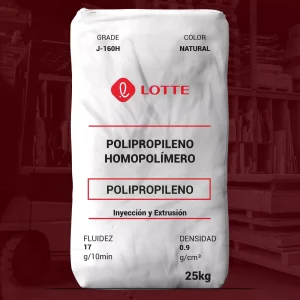 Nombre del producto: PP - HOPP - MFI17 - LOTTE - J-160H Marca: LOTTE Categoría: Polipropileno **Propiedades Físicas:** - Material: Polipropileno Homopolímero - Color: Natural - Peso: 25 kg - Densidad: 0.9 g/cm³ - Fluidez: 17 g/10min **Propiedades Mecánicas:** - Estrés de Tensión (Rendimiento): 350 kgf/cm² - Deformación de Tensión (Ruptura): >100% - Módulo de Flexión: 16,000 kgf/cm² **Propiedades de Impacto:** - Resistencia al Impacto Izod (notchado, 23℃): 3.0 kgf·cm/cm **Propiedades Térmicas:** - Temperatura de Deflexión Térmica (4.6 kgf/cm²): 115℃ **Aplicaciones:** - Bienes Industriales y Domésticos - Electrodomésticos y Electrónica **Detalles adicionales:** - Buenas propiedades de rigidez y resistencia al calor - Uso en inyección y extracción **Certificaciones:** - ISO 9001, 14001, /TS 16949 **Fecha de última actualización:** - 2022/09/21