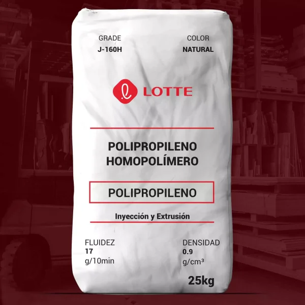 Nombre del producto: PP - HOPP - MFI17 - LOTTE - J-160H Marca: LOTTE Categoría: Polipropileno **Propiedades Físicas:** - Material: Polipropileno Homopolímero - Color: Natural - Peso: 25 kg - Densidad: 0.9 g/cm³ - Fluidez: 17 g/10min **Propiedades Mecánicas:** - Estrés de Tensión (Rendimiento): 350 kgf/cm² - Deformación de Tensión (Ruptura): >100% - Módulo de Flexión: 16,000 kgf/cm² **Propiedades de Impacto:** - Resistencia al Impacto Izod (notchado, 23℃): 3.0 kgf·cm/cm **Propiedades Térmicas:** - Temperatura de Deflexión Térmica (4.6 kgf/cm²): 115℃ **Aplicaciones:** - Bienes Industriales y Domésticos - Electrodomésticos y Electrónica **Detalles adicionales:** - Buenas propiedades de rigidez y resistencia al calor - Uso en inyección y extracción **Certificaciones:** - ISO 9001, 14001, /TS 16949 **Fecha de última actualización:** - 2022/09/21